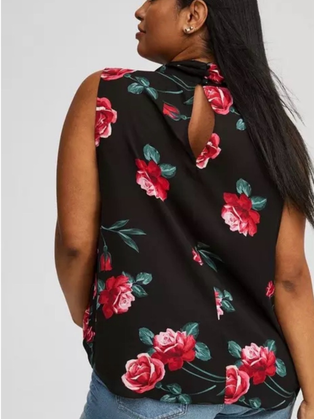 torrid Black Sleeveless Floral Tie-Neck Blouse - Red & Green - Picture 3 of 3